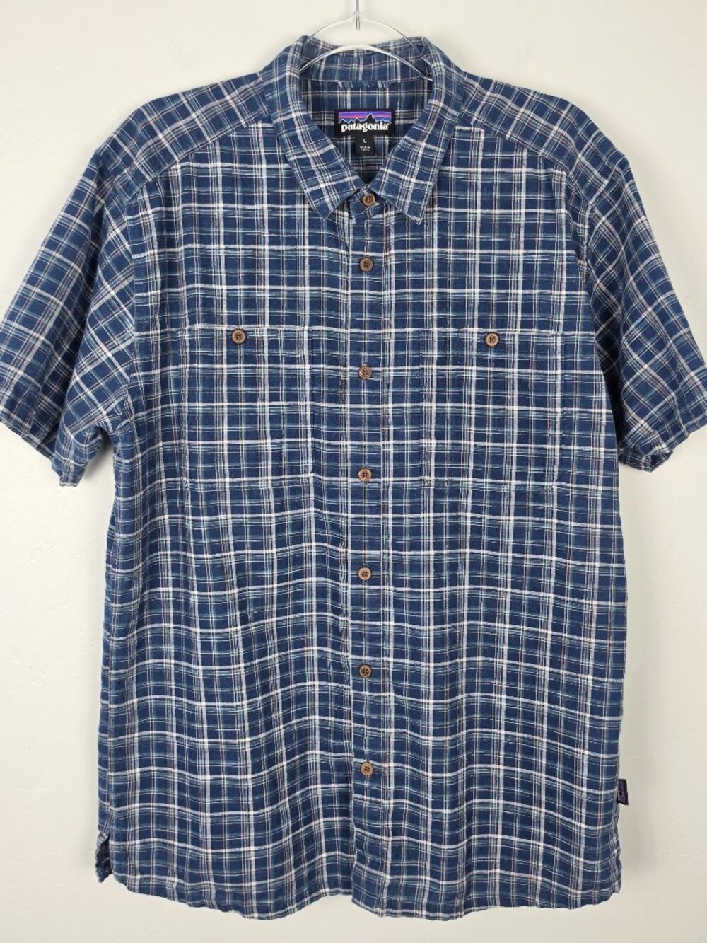 Patagonia Back Step Shirt Hemp Button Up Short Sleeve Plaid Blue Green Size L